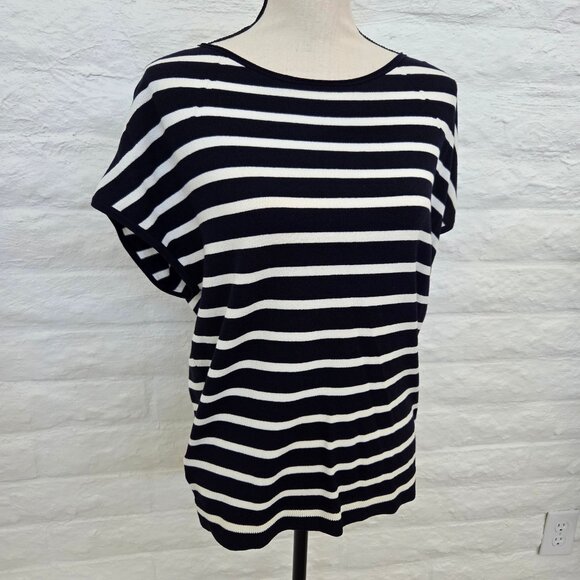 LOFT Top Womens Small Blue White Navy Stripe Cap Sleeve Sweater Shirt Blouse - Picture 2 of 11